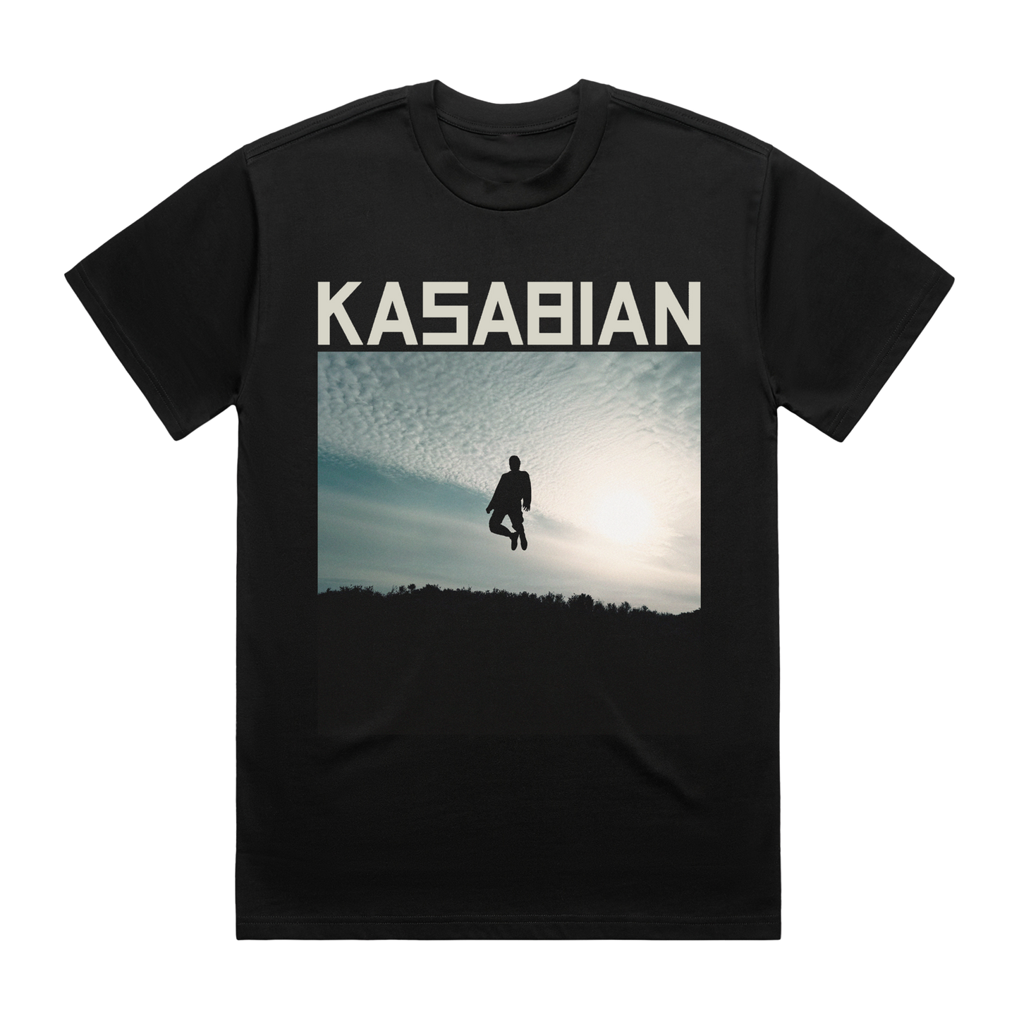Front-facing view of a black, short-sleeve unisex T-shirt featuring the band name Kasabian in bold white lettering, with “Hippie Sunshine” artwork printed prominently across the chest.