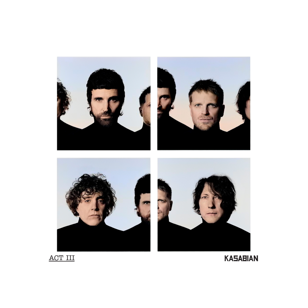 Kasabian - Act III album cover featuring a four-panel collage of band members' portraits against a pale sky background, with the title 'ACT III' and band name 'KASABIAN' on a white border.