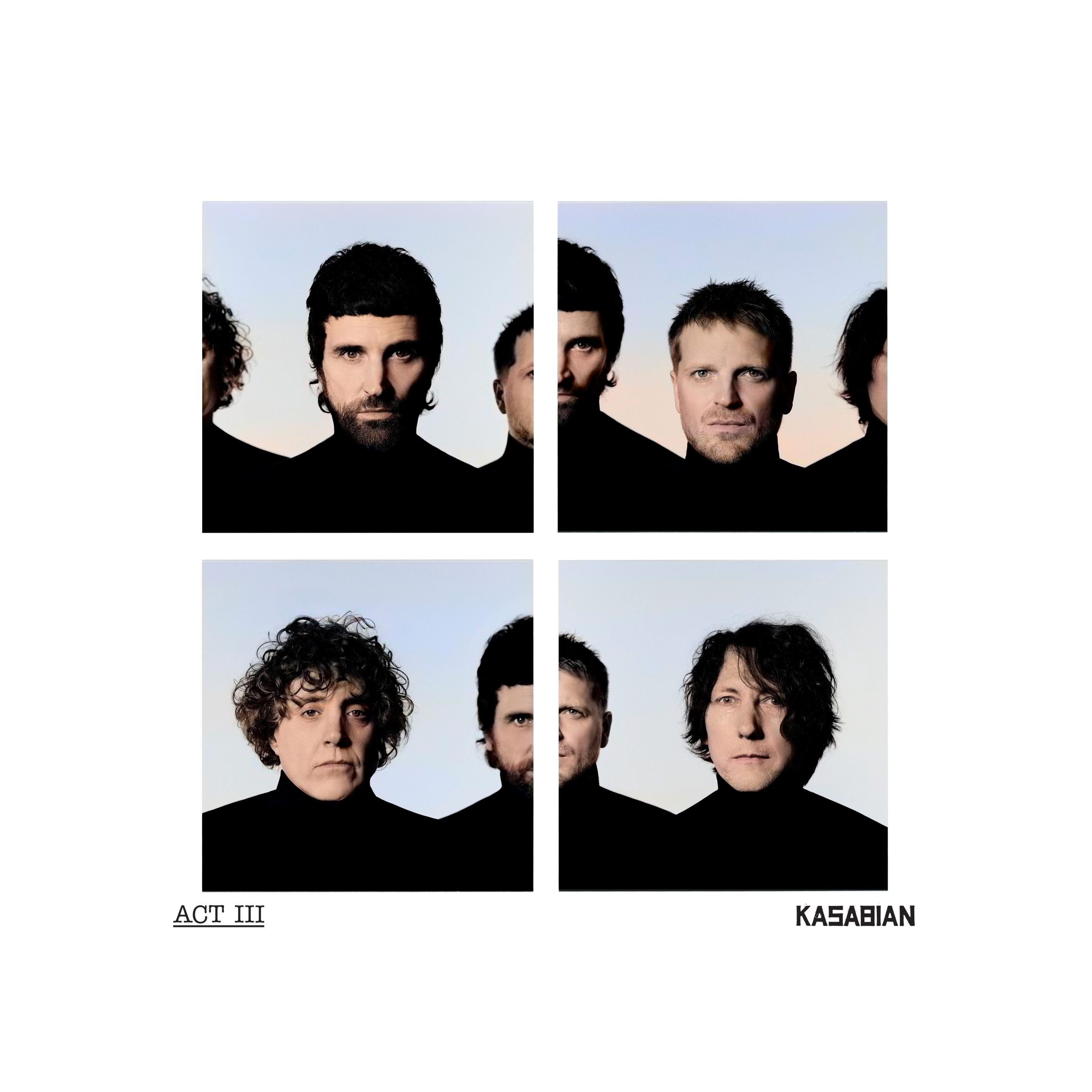 Kasabian - Act III album cover featuring a four-panel collage of band members' portraits against a pale sky background, with the title 'ACT III' and band name 'KASABIAN' on a white border.