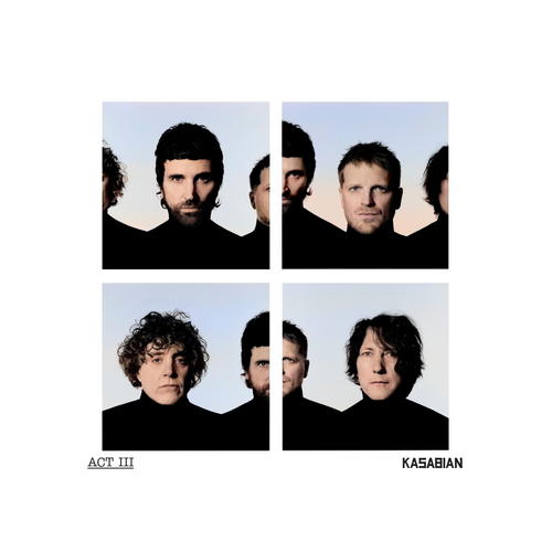 Kasabian - Act III album cover featuring a four-panel collage of band members' portraits against a pale sky background, with the title 'ACT III' and band name 'KASABIAN' on a white border.