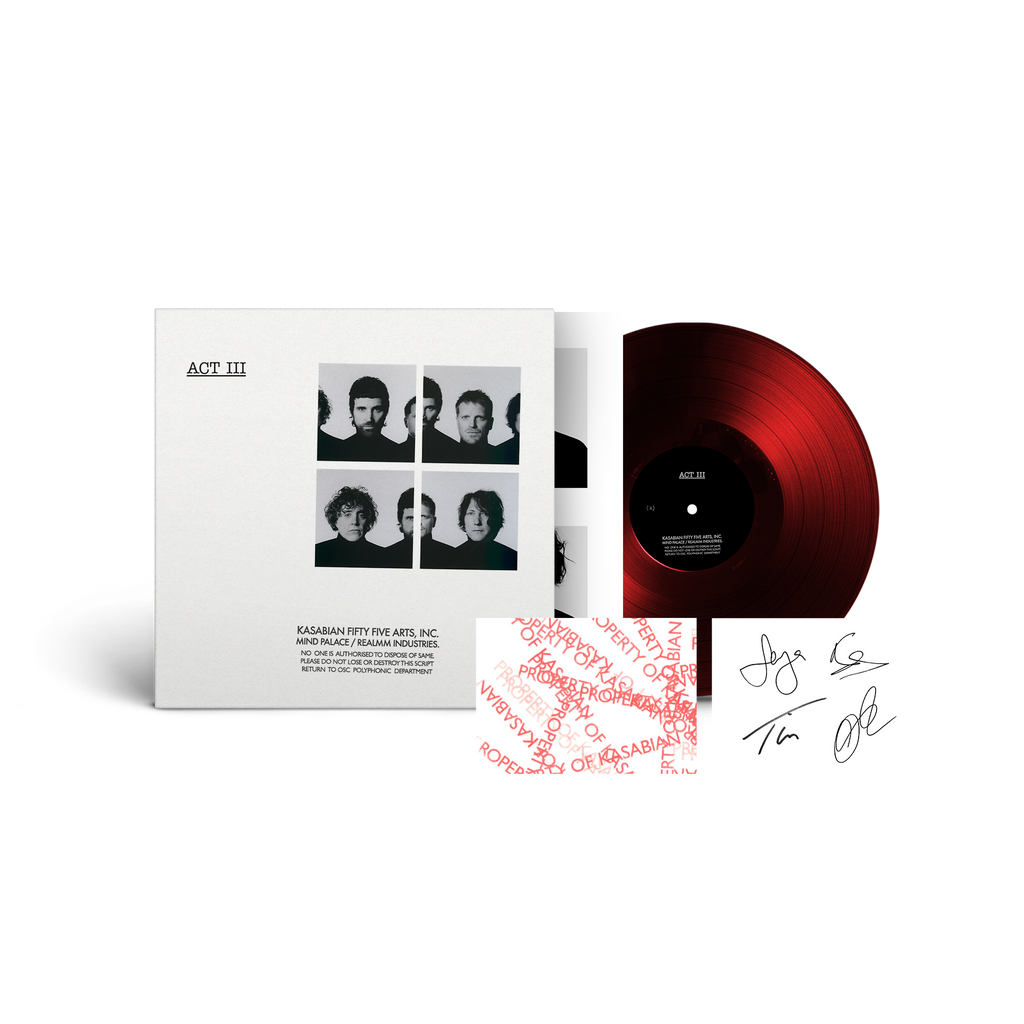 Kasabian 'ACT III' vinyl record with red disc and white cover featuring black and white images of the band.