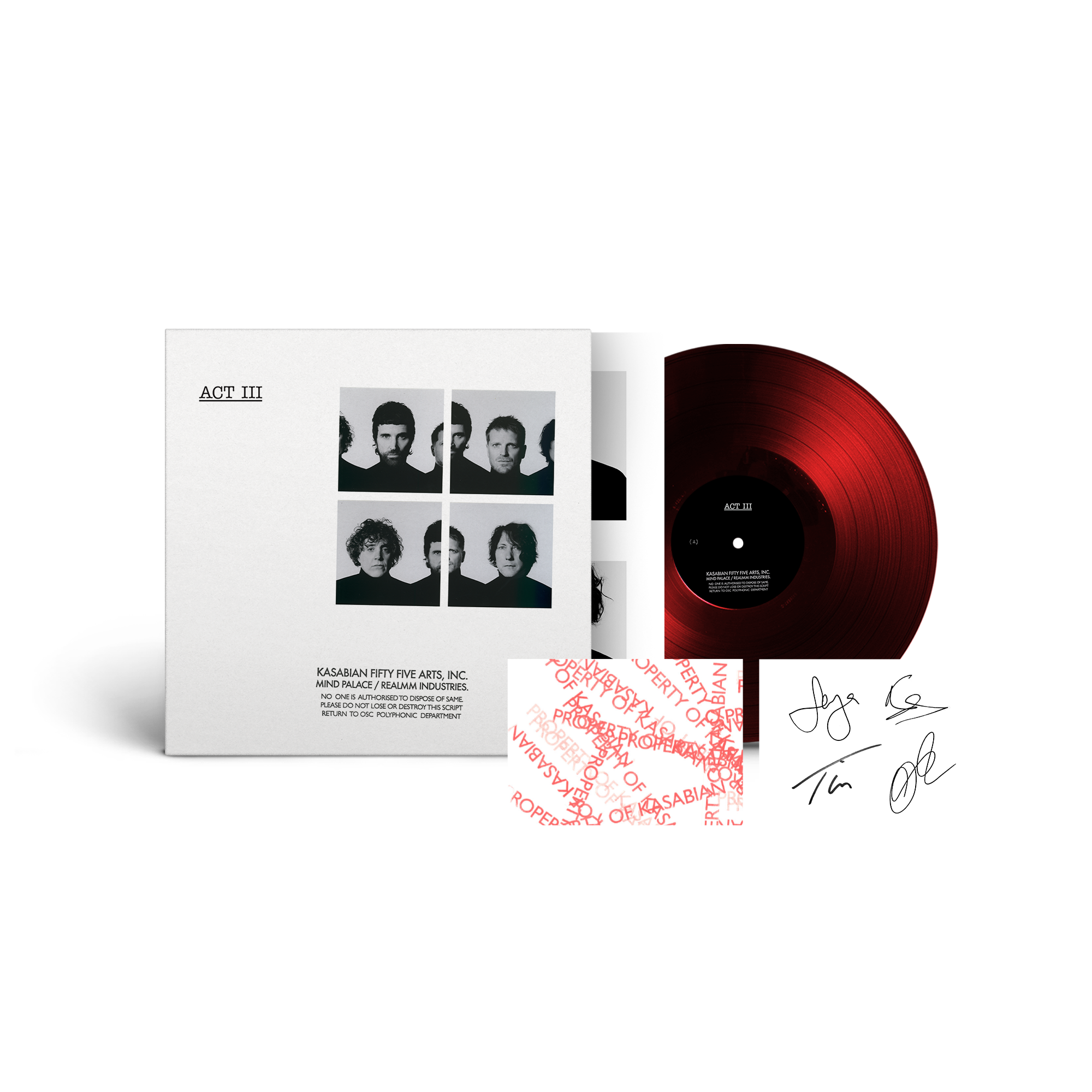 Kasabian 'ACT III' vinyl record with red disc and white cover featuring black and white images of the band.