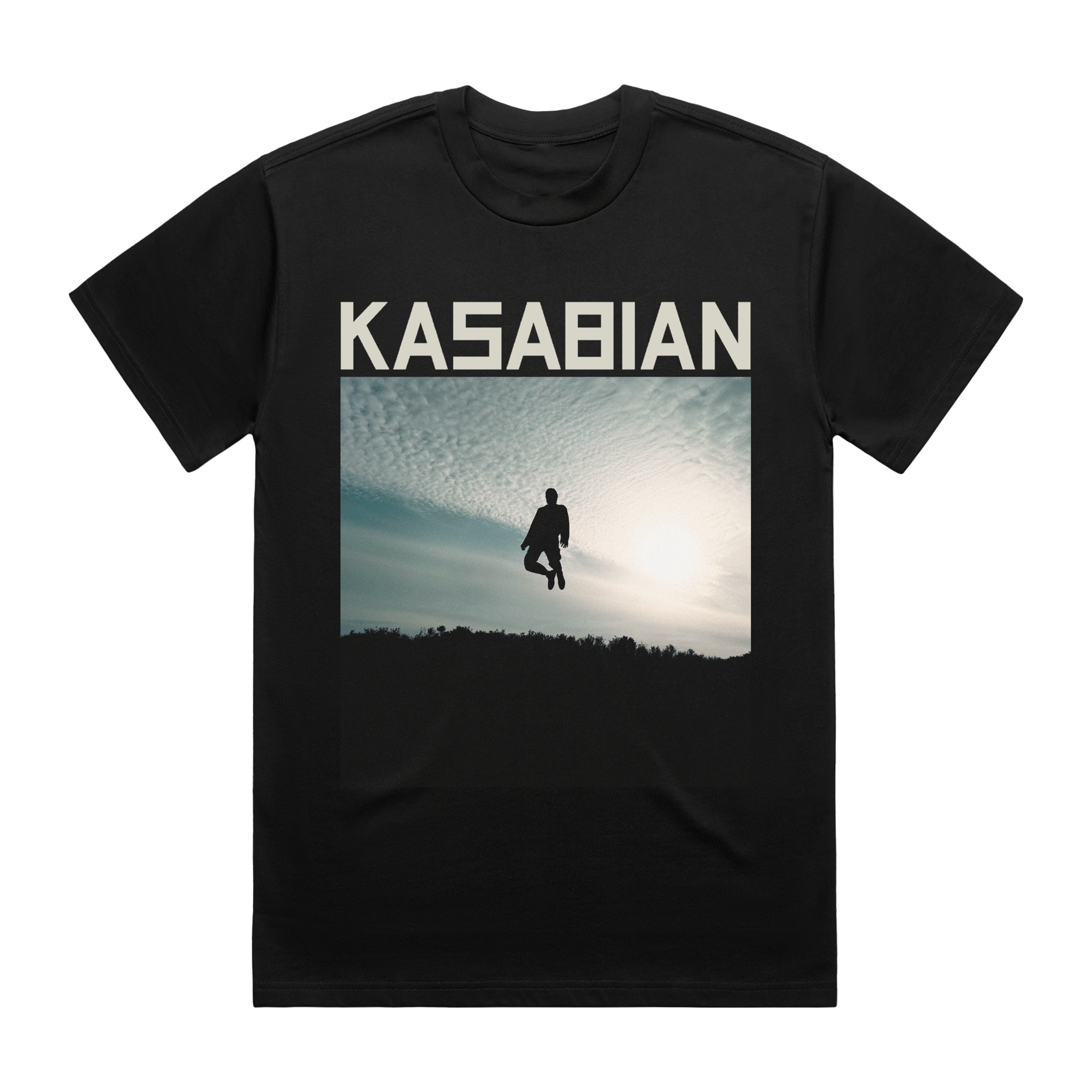 Front-facing view of a black, short-sleeve unisex T-shirt featuring the band name Kasabian in bold white lettering, with “Hippie Sunshine” artwork printed prominently across the chest.